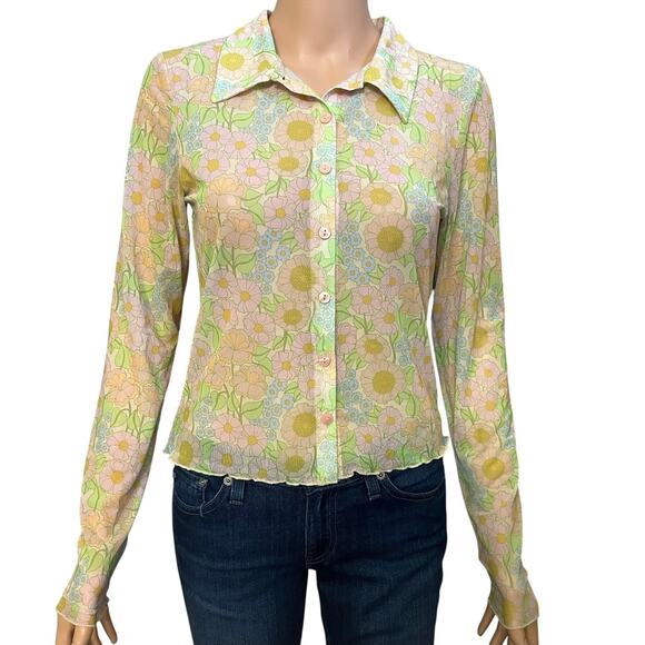 Monki Mesh Retro Floral Top Medium Button Down Cropped Long Sleeve Mod Pastel - Picture 1 of 11
